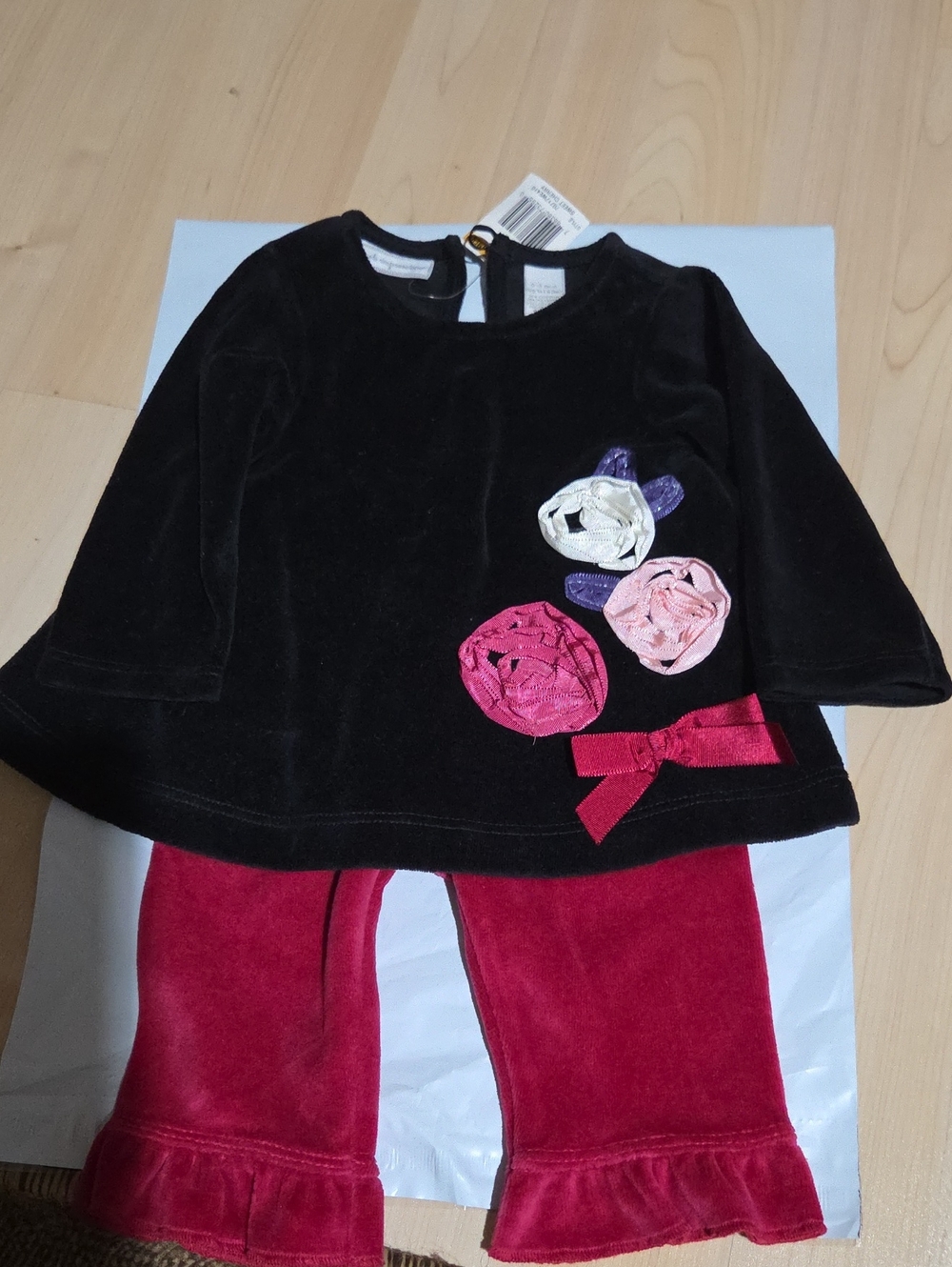 Black Velvet Top with Pink & Cream Flower Accents + Red Velvet Pants